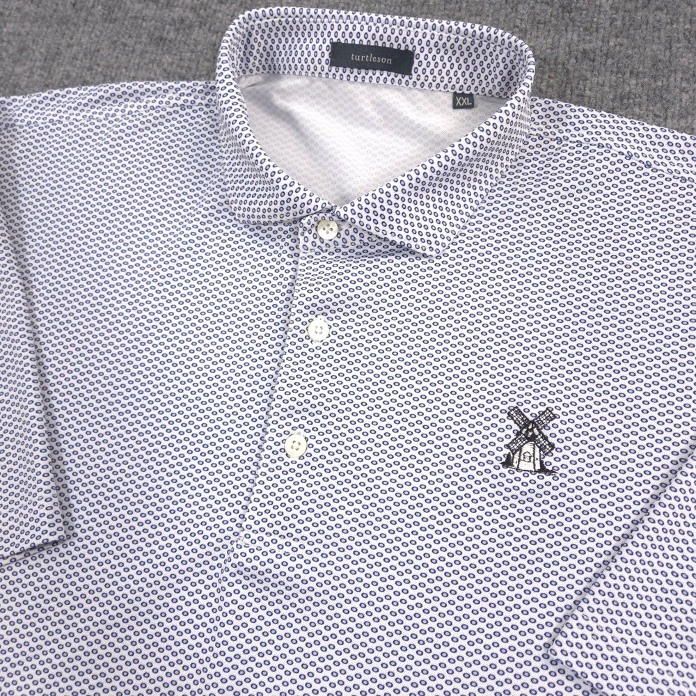 Turtleson Polo Shirt Mens XXL Blue White Geometric Windmill Performance Golf